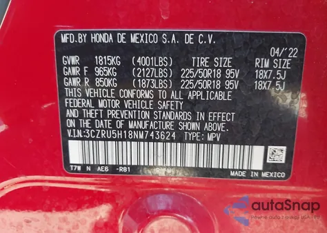 2022 Honda Hr-V 2Wd Sport from USA, damaged, VIN 3CZRU5H18NM743624